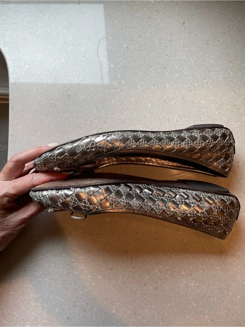 Tory Burch Silver Woven Leather Ballet Flats with Logo Charm